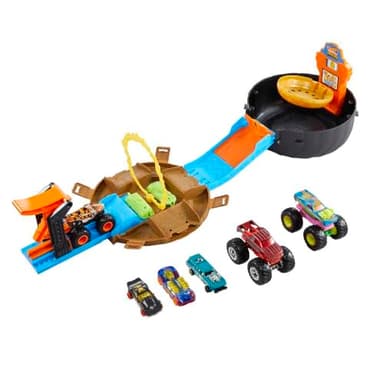 Hot Wheels Toy Monster Trucks Playset, Tire-Shaped Case Transforms into Race Course, 3 Trucks & 4 Cars in 1:64 Scale, Stunt Tire (Amazon Exclusive)​​