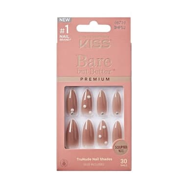 KISS False Nails Kit, Bare but Better Ready to Wear Sculpted Nails, Stick and Glue Included, Long Length, Almond Shape with Pearl Rhinestones, Long-Lasting Hottest Trend Glue on Nails