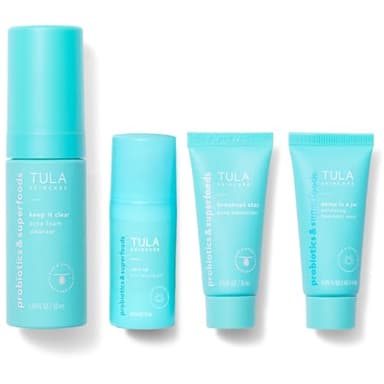 TULA Skin Care Clear Skin Starters Acne & Blemish Fighting Discovery Kit - Foam Cleanser, Correcting Gel, Moisturizer, Treatment Mask and Travel Bag to Treat & Prevent Acne, 4-Piece Kit