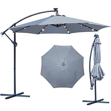 Blissun 10 ft Offset Umbrella with 32 Solar LED Lights, Solar Umbrella Hanging Lighted Patio Market Umbrella for Garden, Backyard, Patio, Pool, Dark Grey