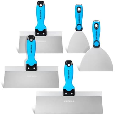 KEZERS Drywall Hand Tool Kit, 5 Pieces 4" 6" 8" 10" 12" Stainless Steel Drywall Knife with Metal Hammer End, includes Putty Knife, Taping Knife with Ergonomic Grip for Drywall Work