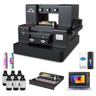 RAINBOWDGT UV Printer Machine with Computer XP600 A3 Multifunction Flatbed Printers with Bottle Holder for Acrylic Metal Golf Bottle Phone Case and More