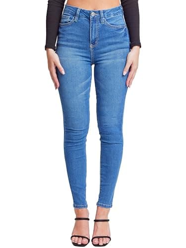 YMI Womens Curvy Fit 1-Button Tailored Wannabettabutt High Rise Skinny Jean Made with Recycled Fibers, Medium Blue, 07