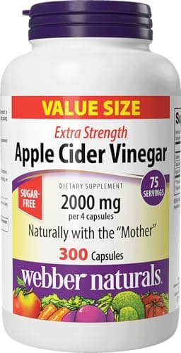 Webber Naturals Apple Cider Vinegar 2000 mg with The Mother, High Potency, 300 Capsules, 2000 mg per Serving, Natural Digestion Support, Non-GMO, Gluten, Dairy & Sugar Free