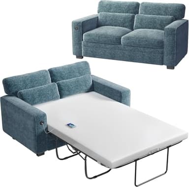 Marsail Pull Out Sofa Bed, Full Size Sleeper Sofa with Memory Foam Mattress, 2 USB Charging and Removable Covers, Loveseat for Living Room, Apartment, Supports 600 LBS, Chenille Fabric, Blue