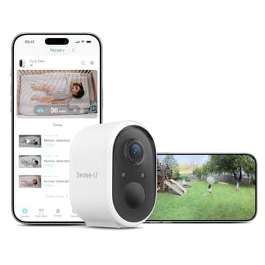 Sense-U Battery Baby Monitor Smart Security Camera, Indoor/Outdoor Use, AI Breathing Detection, 1080p Video Monitor, Weatherproof Wireless Camera, 2-Way Audio, No Monthly Fee