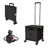 FELICON SELORSS Foldable Utility Cart Folding Portable Rolling Crate Handcart with Durable Heavy Duty Plastic Telescoping Handle Collapsible 4 Rotate Wheels for Travel Shop Move Luggage Office(Black)
