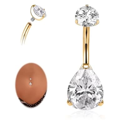 AROWRO Gold Belly Button Ring G23 Titanium Hypoallergenic 14G belly ring for Women Men Teardrop Navel Piercing Jewelry 10mm Gold Barbell With Clear Cubic Zircon