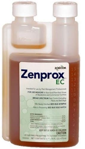 Zenprox EC Insecticide (16 oz pt) Ants, Bed bugs, Carpet beetles, Cockroaches, Confused flour beetles, Centipedes, Crickets, Darkling beetles, Dermestids, Earwigs, Firebrats, Flies, Fleas, Fruit flies, Gnats, Indian meal moths, Lesser grain borers, Millipedes, Mosquitoes, Moths, Pillbugs, Red flour beetles, Sawtoothed grain beetles, Scorpions, Silverfish, Sowbugs, Spiders (Brown recluse, Black widow, others), Ticks, Wasps