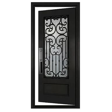 BGW Doors Matte Black Wrought Iron Exterior Entry Door with Tempered Privacy Glass, Prehung Pre-Finished Single Door, Right Inswing, 36x80