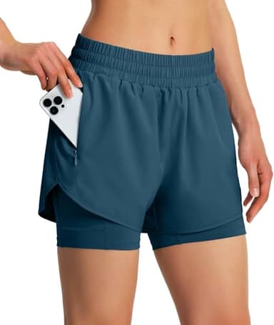 Ksmien Women's 2 in 1 Running Shorts Quick Dry Athletic Gym Workout Shorts with Liner Phone Pockets Dusty Blue