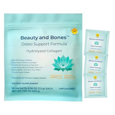 Beach Sandy Beauty and Bones Collagen Peptides for Women, Clinically Studied FORTIBONE 5 g + VERISOL 2.5 g for Bone Strength & Skin Elasticity, 30 Sachets Hydrolyzed Types I & III