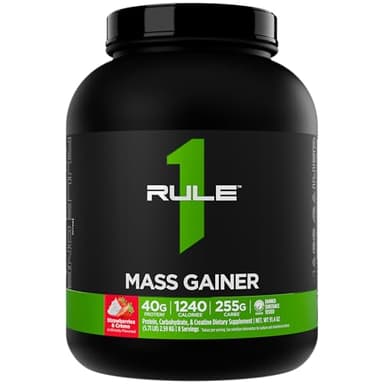 Rule1 Mass Gainer - High-Calorie Weight Gain Formula with 1,220+ Calories, 250g+ Complex Carb Blend, 40g All-Whey Protein Per Serving (8 Servings, Strawberries & Crème)