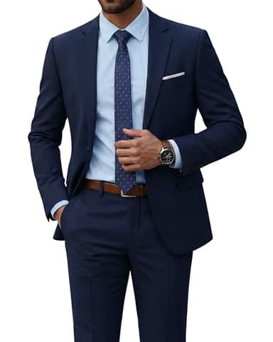 YND Men's 2 Piece Suit with Tie, One Button Slim Fit Solid Jacket and Pants Set, Suits for Men Prom Party Wedding & Business, Deep Blue