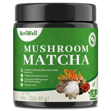 Mushroom Matcha Powder, Japanese Ceremonial Matcha Infused With 7 Superfood Mushrooms, MCT Oil, Coconut Milk Powder, Natural, Gluten Free, Taste Great Matcha Latter 8 Oz(45 Servings)