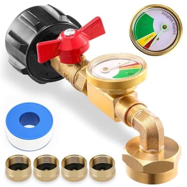 2025 Upgraded Propane Refill Adapter with Valve & Gauge, Solid Brass QCC1 Refill Elbow for 1LB Small Tank to 5-40LB Cylinders, Camping & Grill Use