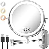 Wall Mounted Makeup Mirror with Light, 20X/1X 8'' Double Sided LED Magnifying Bathroom Lighted Vanity Mirror with Magnification, 3 Color Light up Touch Dimmable Extended Arm 360 Rotation