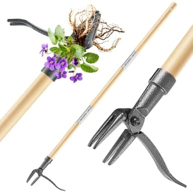Stand Up Weed Puller Tool, Heavy Duty 4-Claw Steel Head, Bamboo Handle