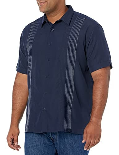 Cubavera Men's Striped Panel Dobby Short Sleeve Button-Down Shirt, Regular Fit, Point Collar, Soft Touch (Size Small - 4X Big & Tall), Dress Blues, Large