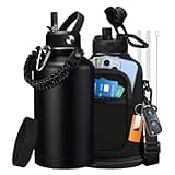 64 oz Insulated Water Bottle with Straw & Auto Spout Lids, Paracord Handle, Half Gallon Waterbottle Strap Carrier & Protective Boot, Wide Mouth Metal Canteen Thermo Mug, Leak-proof Sports Hydro Jug