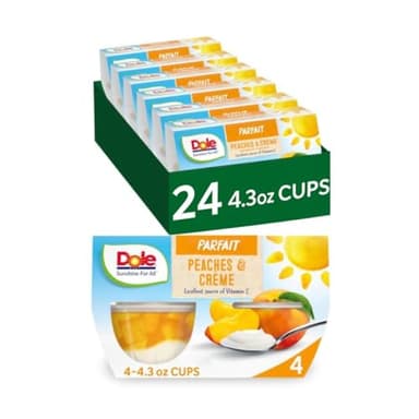 Dole Fruit Bowls Low Fat Peaches & Creme Parfait Snacks, 4.3oz 24 Total Cups, Gluten & Dairy Free, Bulk Lunch Snacks for Kids & Adults