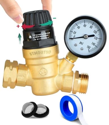 STMOUTUO RV Water Pressure Regulator for RV Camper. Brass Lead-Free Adjustable Camper Water Pressure Regulator with 0-160 PSI Gauge ，Reducer Valve W Filter，Package includes 1 raw tape for water pipes.