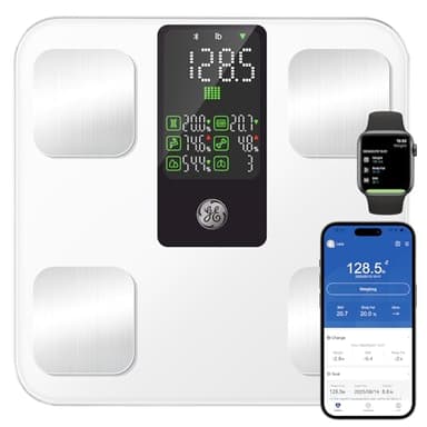 GE Smart Body Weight Scale, with 8-in-1 Display for BMI Body Fat Muscle Mass, Digital Bathroom Bluetooth Scale, 14 Composition Analyzer for Health Monitoring, 11.8", Accurate 400lb Weighing, White