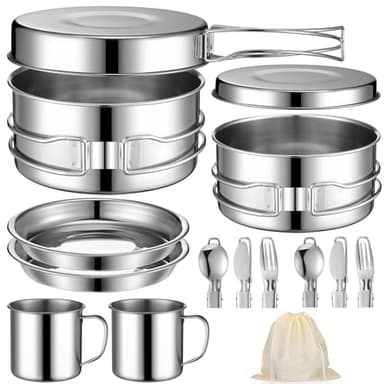 Funnymoom 14 Piece Camp Cooking Set, Stainless Steel Camping Cookware with Pot and Pan Kit 2 Set Stainless Steel Cups Plates Forks Knives Spoons for Camping, Backpacking, Outdoor Cooking and Picnic