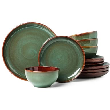 Pokini Stoneware Dinnerware Sets, Ceramic Plates and Bowls Set, Microwave & Dishwasher Safe Kitchen Dishes, Modern Dinner Salad Plates | Cereal Bowls, Dishware Sets Service for 4 Sage Green