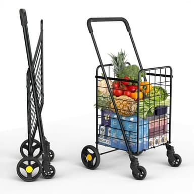 Our Modern Space Shopping Cart & 360° Swivel Wheels | Foldable Collapsible & Lightweight | Perfect for Groceries Laundry Utility Cart - Black
