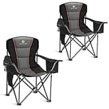 ALPHA CAMP 2PC Oversized Camping Folding Chair, Heavy Duty Support 450 LBS Steel Frame Collapsible Padded Arm Chair with Cup Holder Quad Lumbar Back, Portable for Outdoor,Black