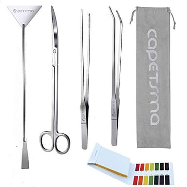 Capetsma Aquascape Long Stainless Steel Plant Tools Set - Aquarium Tweezers, Scissors, Spatula, Algae Scrapers - Fish Tank Cleaning Kit
