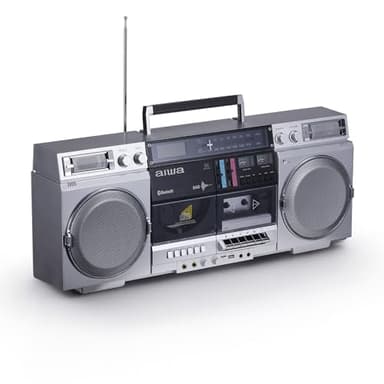aiwa Retro Boombox CD Player with Cassette Recording, Bluetooth 5.0, FM/AM Radio, USB/SD/AUX Inputs, VU Meters, LCD Display, Dual 40W Speakers - Silver