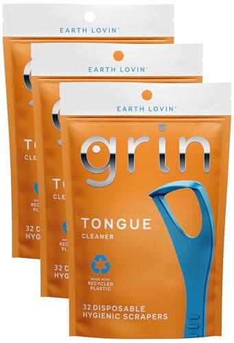 GRIN Tongue Cleaner, 32 Count, Disposable Tongue Cleaner, Hygienic Scraper, Recycled Plastic, Clean Tongue, Promote Fresh Breath, Includes Safe Fold- Back Tooth Pick (Pack of 3)