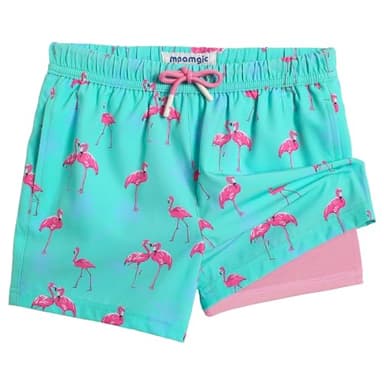 maamgic Boys Swim Trunks with Compression Liner Toddler Stretch Swim Shorts Quick Dry Swimming Trunks Boxer Brief 2 in 1 Beach Shorts Blue Flamingos 10/12