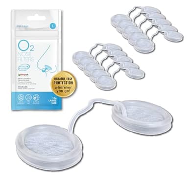 O2 Nose Filters with 3M Filtration - Nasal Screens for Allergies, Dust & Smoke - Drug-Free & Latex-Free Nose Filters - Invisible Allergy Protection (Large x 10)
