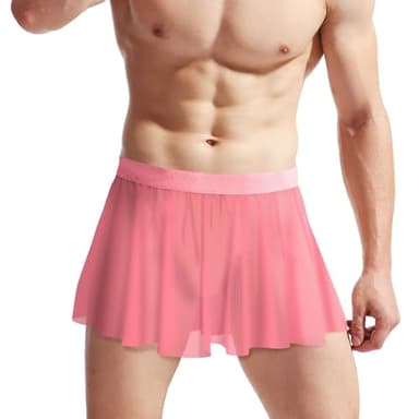 GENEMEN Mens Mesh Sissy Skirt Crossdressers Sexy See Through Skirts Underwear Nightclub Party Cosplay Costume (Pink)
