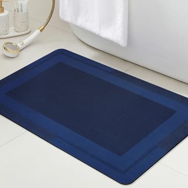 Ultra Thin Bath Mat, Upgrade Backing Non Slip Thin Bath Mats Fit Under Door, Quick Dry Ultra Absorbent Bathroom Rugs, Machine Washable Bath Rugs for Bathroom, Bathtub, Dark Blue/Bordered/24"x17"