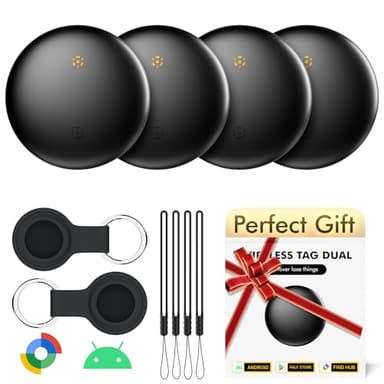 Bluetooth Tracker 4-Pack for Android & Samsung with Case, Smart Tag Item Finder for Keys Wallet Luggage, IP66 Waterproof, 365-Day Battery, Works with Google Find Hub (Black)