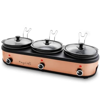 Megachef Triple 2.5 Quart Slow Cooker and Buffet Server in Brushed Copper and Black Finish with 3 Ceramic Cooking Pots and Removable Lid Rests