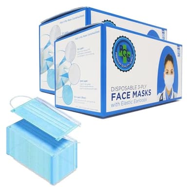 PQS Disposable Face Masks | 3-Ply Mask - Soft & Comfortable, Hypoallergenic, Breathable, Blue - 100 PCS