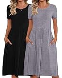 Riyiper 2 Pack Women Short Sleeve Dresses, Loose Fit Casual T Shirt Dress, Ladies Knee Length Swing Dress with Pockets(Black, Light Grey, XX-Large)
