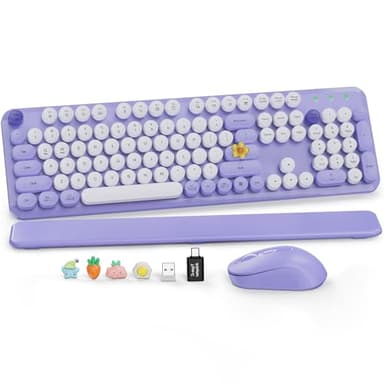 Wireless Keyboard and Mouse Combo, Cute Round Keycaps, Full-Size Retro Typewriter Keyboard with Detachable Wrist Rest, 2.4GHz Cordless Connection for Mac/Windows/PC/Laptop (Purple-Colorful)