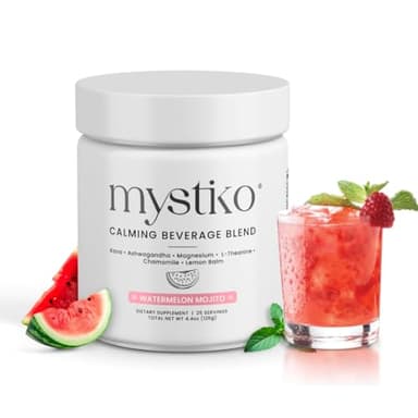 Mystiko Natural Calming Drink Powder Mix with Kava, Ashwagandha, Magnesium, L-Theanine, Lemon Balm and Chamomile - Watermelon Mojito Flavor, Sugar Free and Zero Calories, Kava Drink - 25 Servings