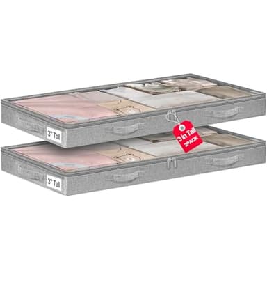 3 Inch Low Profile Under Bed Storage Bins with NO STURCTURE Design, Shallow Clothes Storage Bags with Clear Lids & Waterproof Fabric - Fits Under Sofa, Couch, Dorm, or College Beds，40x20x3inch，Grey