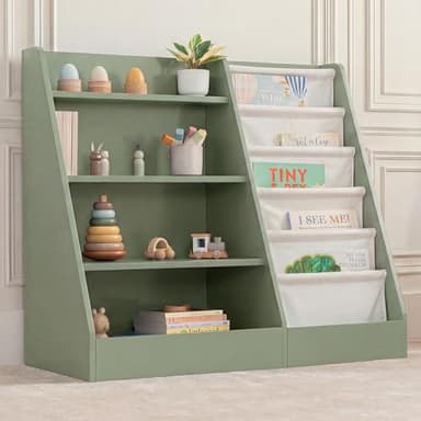 Comfy Cubs Kids Bookshelf 35.2 x 15.7 x 31.5 Inches - Sturdy MDF Montessori Book Shelf with Soft & Hard Shelves for Toys & Books - Child-Friendly, Easy Access Storage Organizer for Kids - Sage