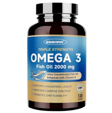 ZEBORA Triple Strength Omega-3 Fish Oil 2000mg – rTG Omega 3 Ultra High-Potency – Supports Heart, Brain, Eye, Skin & Immune Health – Fatty Acids EPA, DHA & DPA, 120 Softgels
