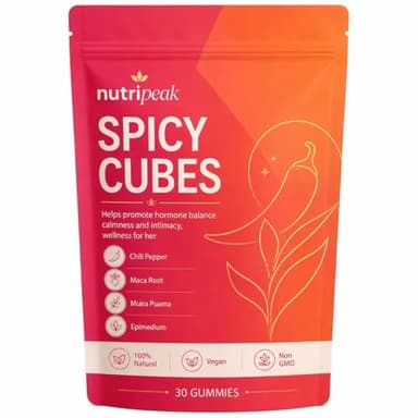 Nutripeak Spicy Cubes Hot Peach Gummies - Maca Root & Muira Puama with Horny Goat Weed, Ginger, Caffeine & L-Theanine for Energy, Mood & Vitality, Fun Treat for Couples & Social Moments, Vegan Non-GMO, 30 Count