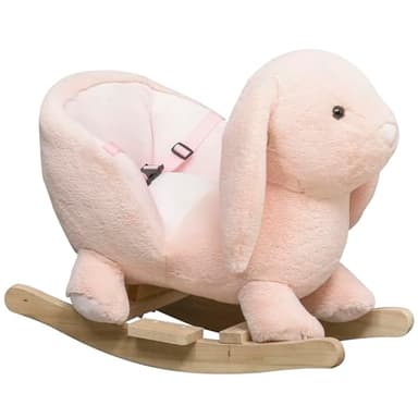 Qaba Baby Rocking Horse, Plush Rabbit Animal Rocker with Simulated Sound, Wooden Base, Seat Belt, Stuffed Rocking Chair for Toddler 18-36 Months, Pink