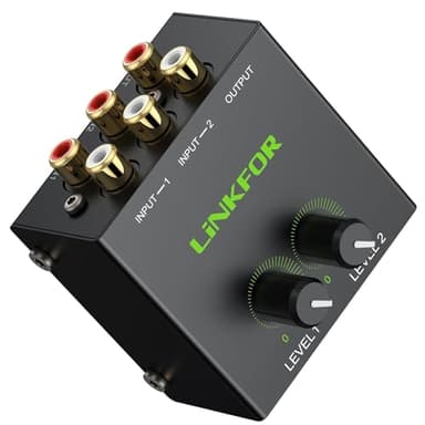 LiNKFOR Stereo Audio 2 Channel Mixer Mini Stereo Mixer,RCA Stereo Audio Mixer, Dual-Channel Audio Mixing for Computer, Gaming console, TV, CD player and Compatible with all standard RCA-equipped Devic